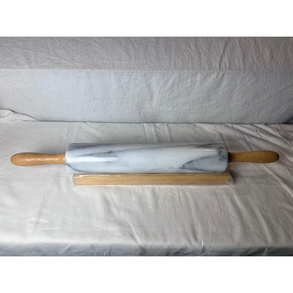 Gourmet Marble Rolling Pin with Wooden Handles and Cradle White Grey Veined 18in